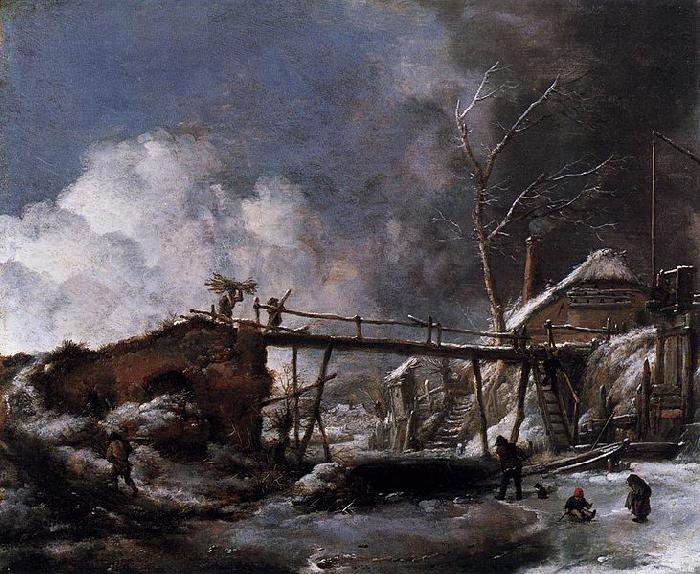 Philips Wouwerman Winter Landscape with Wooden Bridge